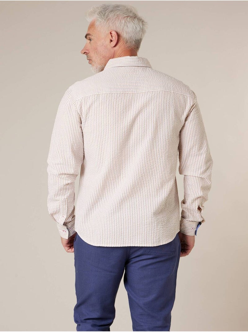 Chemise homme manches courtes en coton seersucker rayé 'Deeluxe' Vert kaki clair - Kiabi