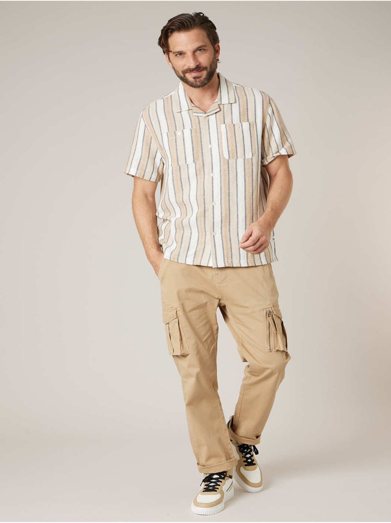 Chemise homme manches courtes grosses rayures en coton 'Deeluxe' Beige coquille - Kiabi