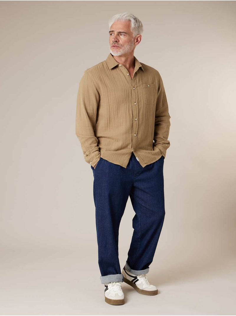 Chemise homme manches longues en gaze de coton 'Deeluxe' Beige sable - Kiabi
