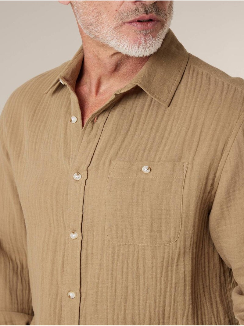 Chemise homme manches longues en gaze de coton 'Deeluxe' Beige sable - Kiabi