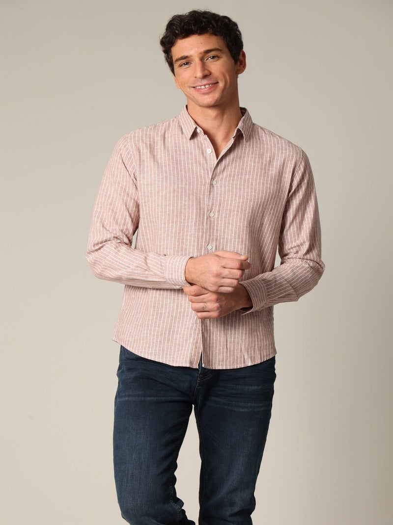 Chemise jacquard en lin à rayures fines et manches longues 'Deeluxe' Rose clair - Kiabi