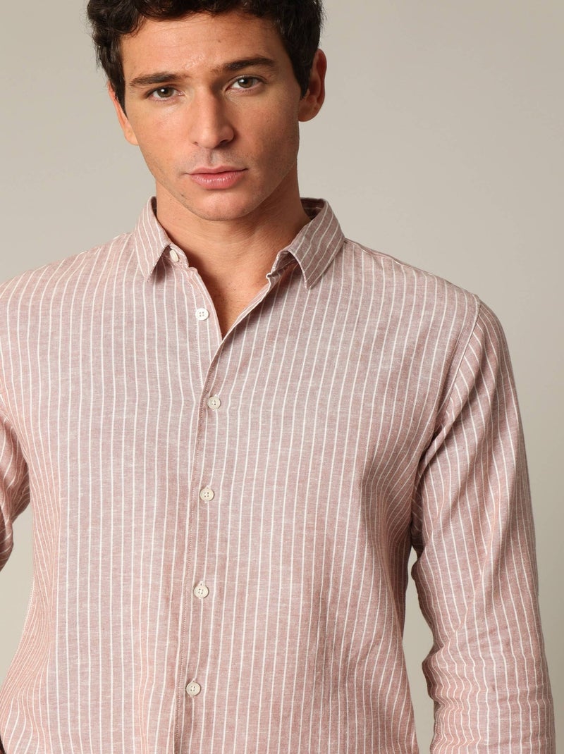 Chemise jacquard en lin à rayures fines et manches longues 'Deeluxe' Rose clair - Kiabi