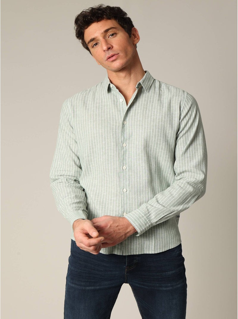 Chemise jacquard en lin à rayures fines et manches longues 'Deeluxe' Vert tilleul - Kiabi