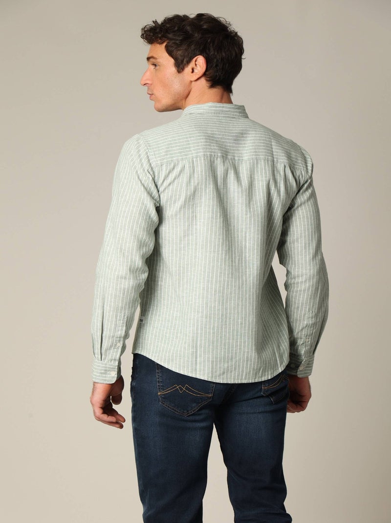 Chemise jacquard en lin à rayures fines et manches longues 'Deeluxe' Vert tilleul - Kiabi