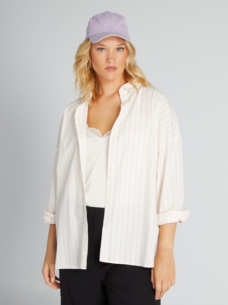 Chemise longue col italien Blanc/rose - Kiabi