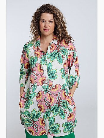 Chemise longue en lin et viscose imprimé fleuri