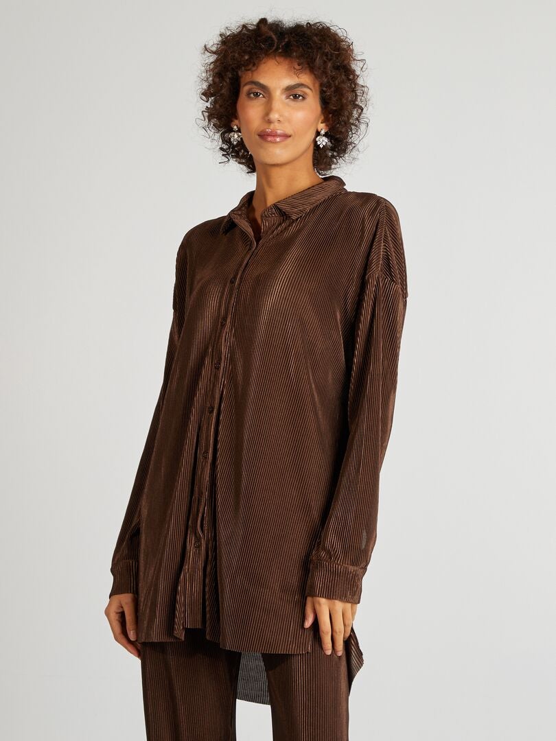 Chemise longue en maille plissée Marron - Kiabi