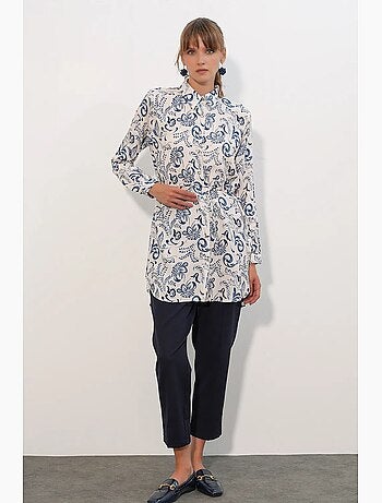 Chemise longue en viscose crêpe à fleurs avec ceinture bdart