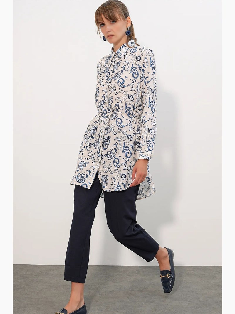 Chemise longue en viscose crêpe à fleurs avec ceinture bdart Blanc Bleu - Kiabi