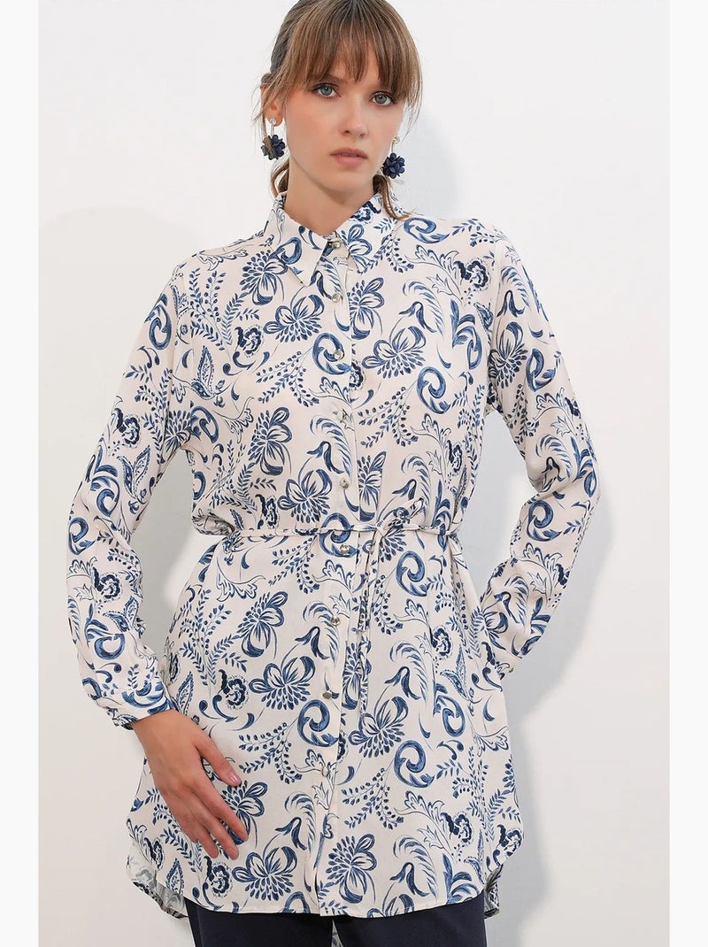 Chemise longue en viscose crêpe à fleurs avec ceinture bdart Blanc Bleu - Kiabi