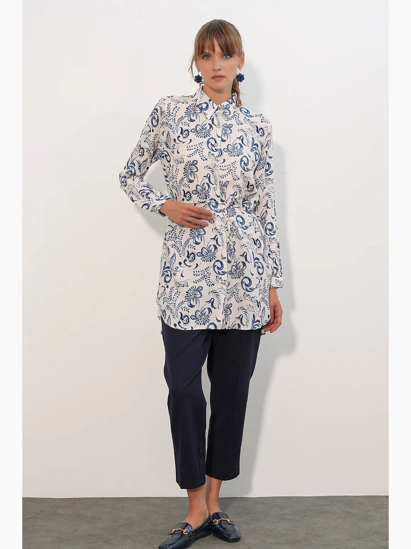 Chemise longue en viscose crêpe à fleurs avec ceinture bdart Blanc Bleu - Kiabi
