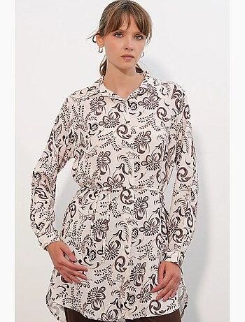 Chemise longue en viscose crêpe à fleurs avec ceinture bdart