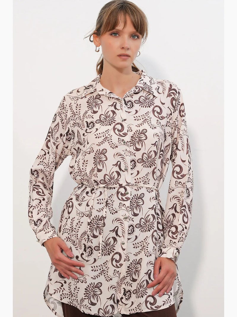 Chemise longue en viscose crêpe à fleurs avec ceinture bdart Blanc Marron - Kiabi