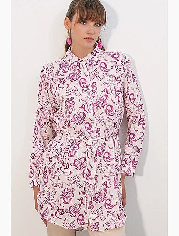 Chemise longue en viscose crêpe à fleurs avec ceinture bdart