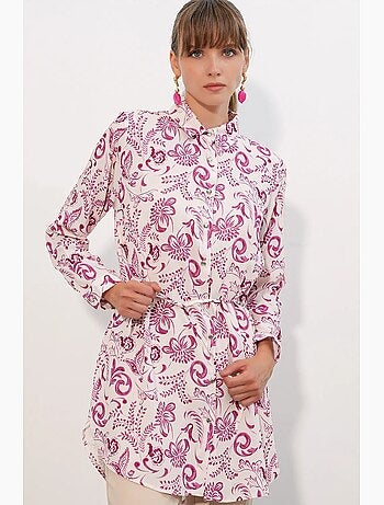 Chemise longue en viscose crêpe à fleurs avec ceinture bdart