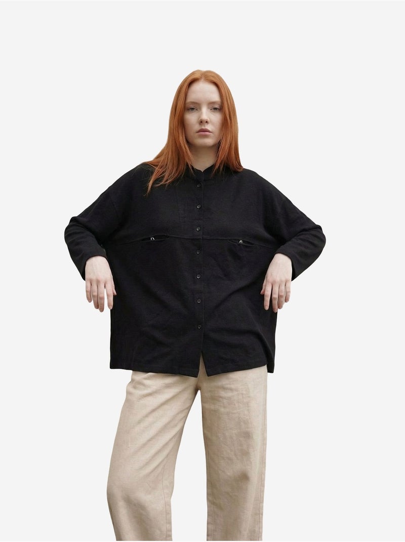 Chemise longue oversize à manches longues en mélange de lin my fashion Noir - Kiabi