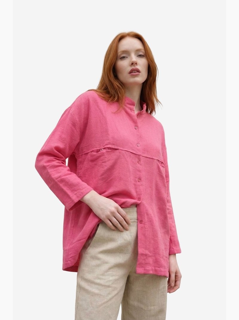 Chemise longue oversize à manches longues en mélange de lin my fashion Rose fluo/Solinotes - Kiabi