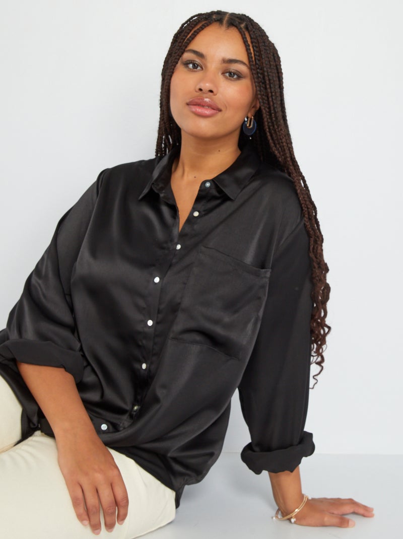 Chemise longue satinée Noir - Kiabi