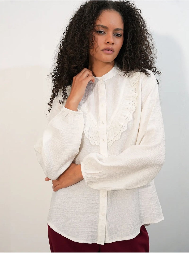 Chemise longue tissée à col mao bdart Blanc cassé - Kiabi