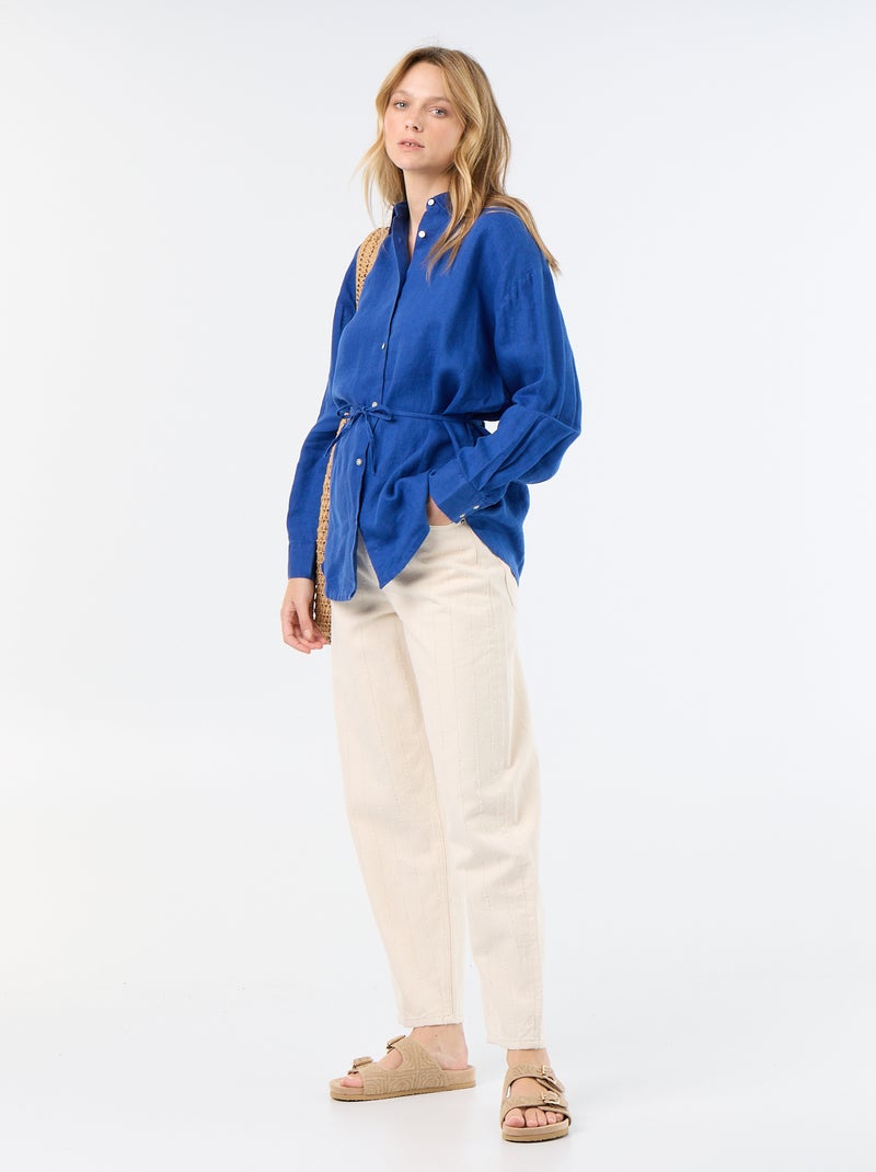 Chemise longue unie en lin Bleu - Kiabi