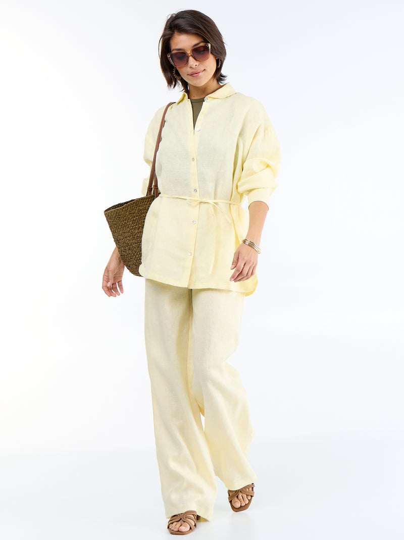 Chemise longue unie en lin Jaune - Kiabi