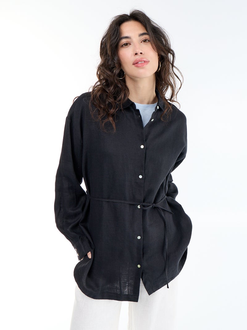 Chemise longue unie en lin Noir - Kiabi
