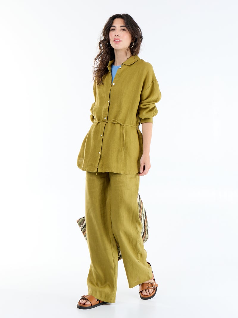 Chemise longue unie en lin Vert - Kiabi