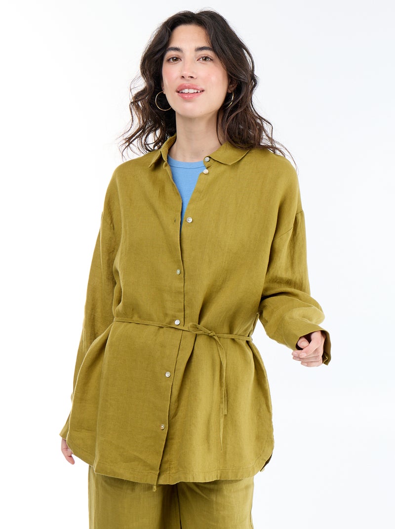 Chemise longue unie en lin Vert - Kiabi