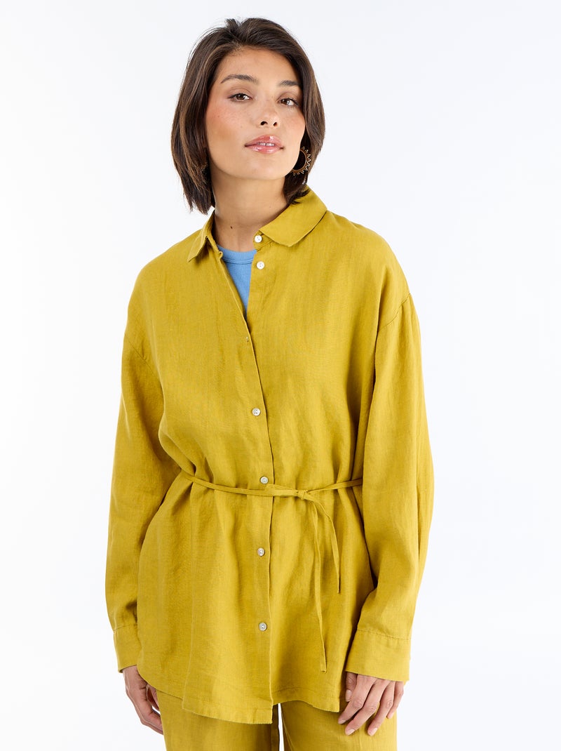Chemise longue unie en lin Vert - Kiabi