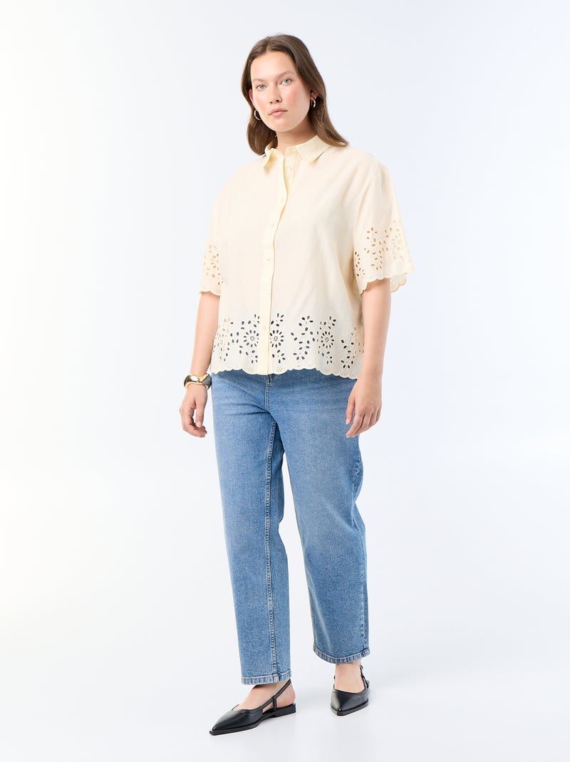 Chemise manches courtes avec broderie ajourée Jaune - Kiabi