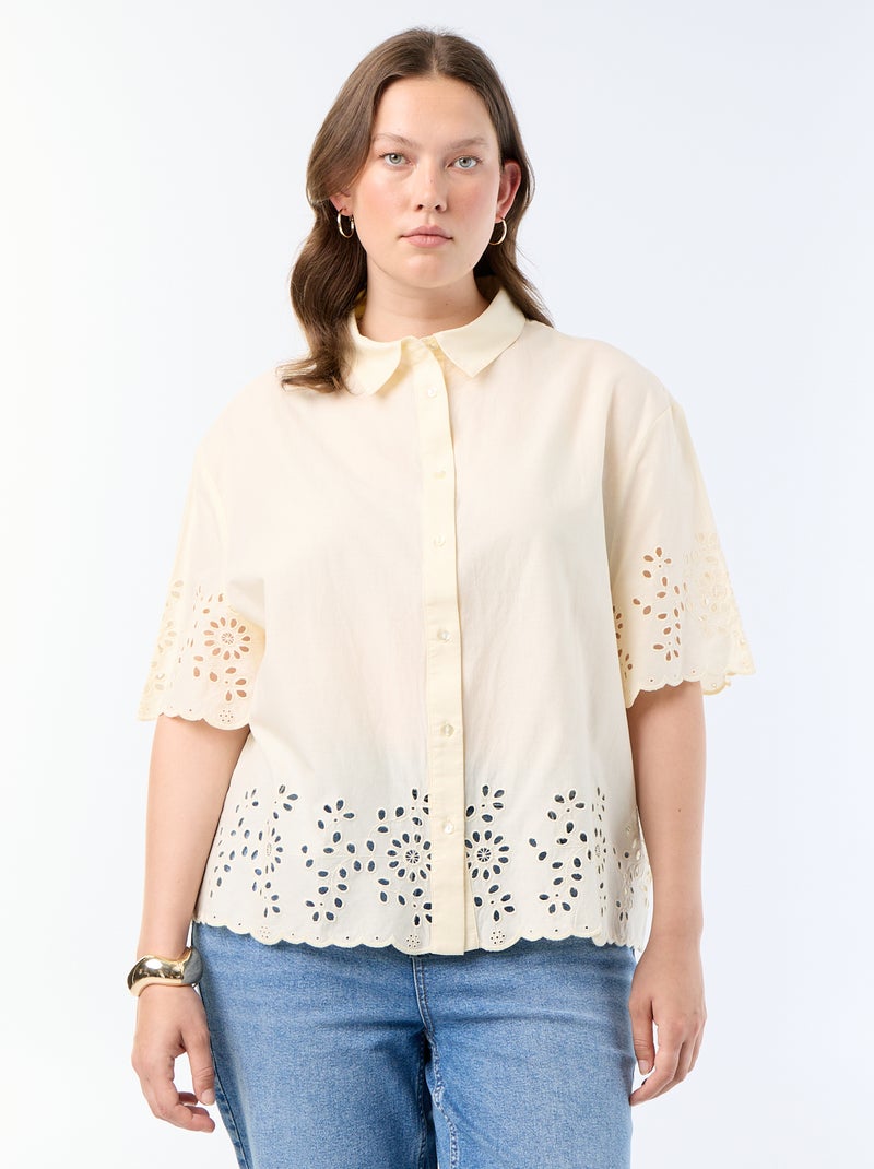 Chemise manches courtes avec broderie ajourée Jaune - Kiabi