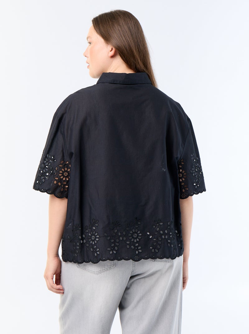 Chemise manches courtes avec broderie ajourée Noir - Kiabi