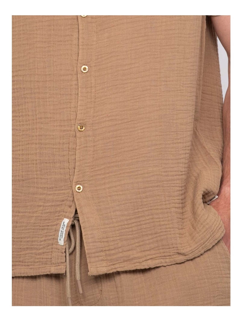 Chemise manches courtes coton DOUMAKI Beige - Kiabi