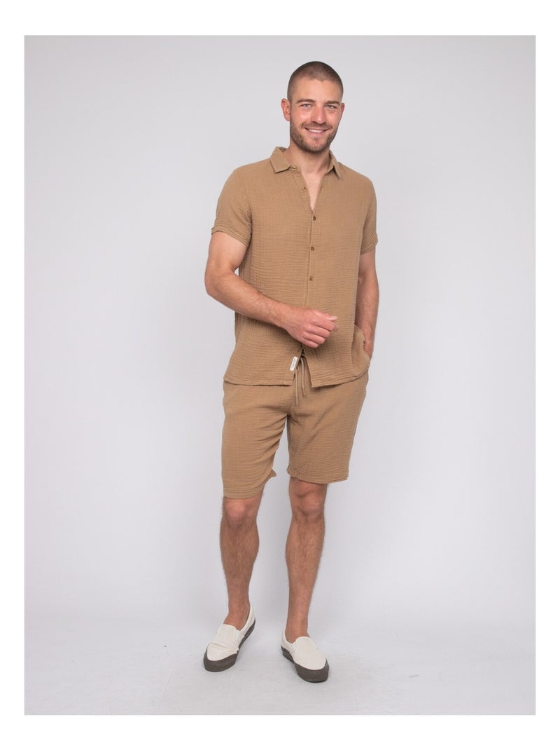 Chemise manches courtes coton DOUMAKI Beige - Kiabi