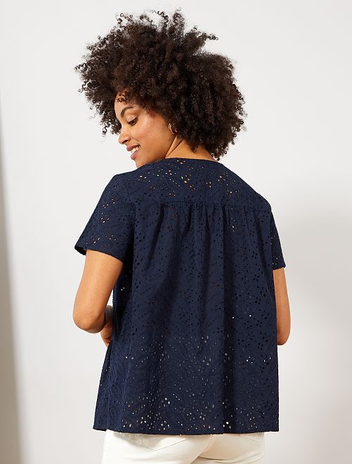 Chemise manches courtes en broderie anglaise Femme - bleu ...