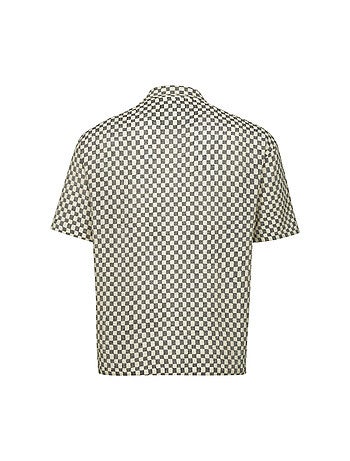 Chemise manches courtes en coton écrue à petits carreaux et à col cubain