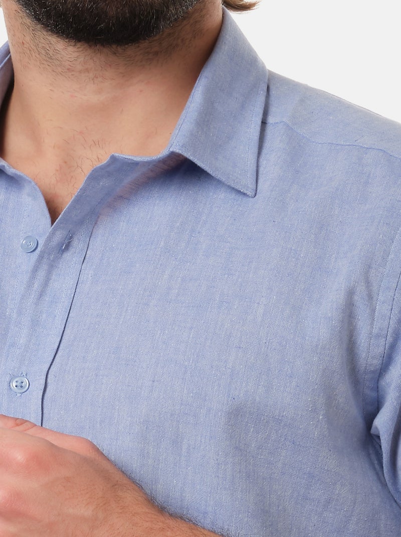 Chemise manches courtes en lin Bleu denim - Kiabi