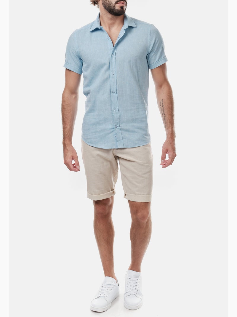 Chemise manches courtes en lin Bleu - Kiabi