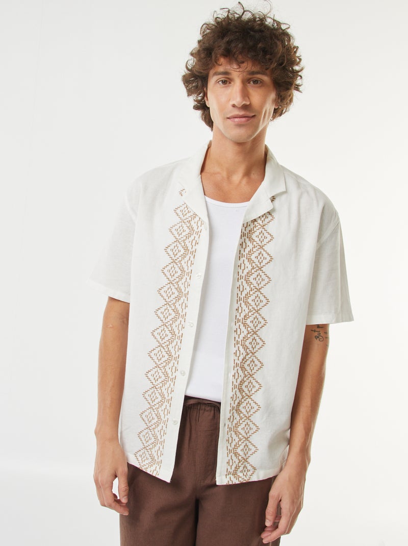 Chemise manches courtes en lin mélangé avec broderies Blanc - Kiabi