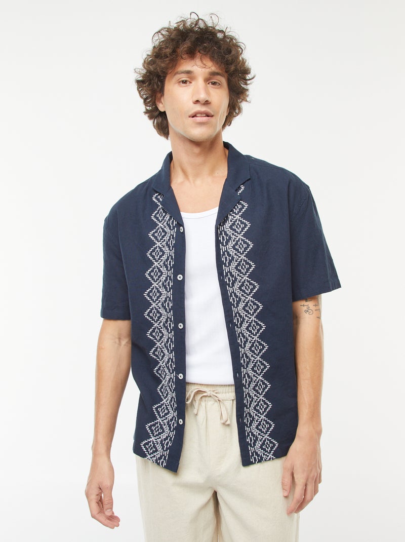 Chemise manches courtes en lin mélangé avec broderies Bleu - Kiabi