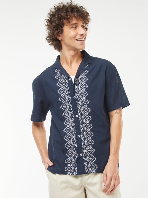 Chemise manches courtes en lin mélangé avec broderies - Kiabi