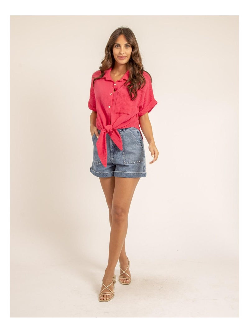 Chemise manches courtes gaze de coton ODETTE Rose fushia - Kiabi