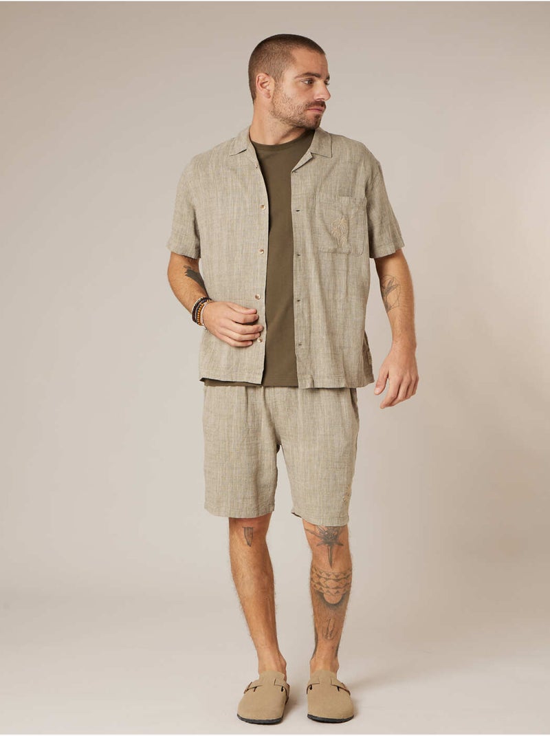 Chemise manches courtes homme en lin mélangé 'Deeluxe' Kaki - Kiabi