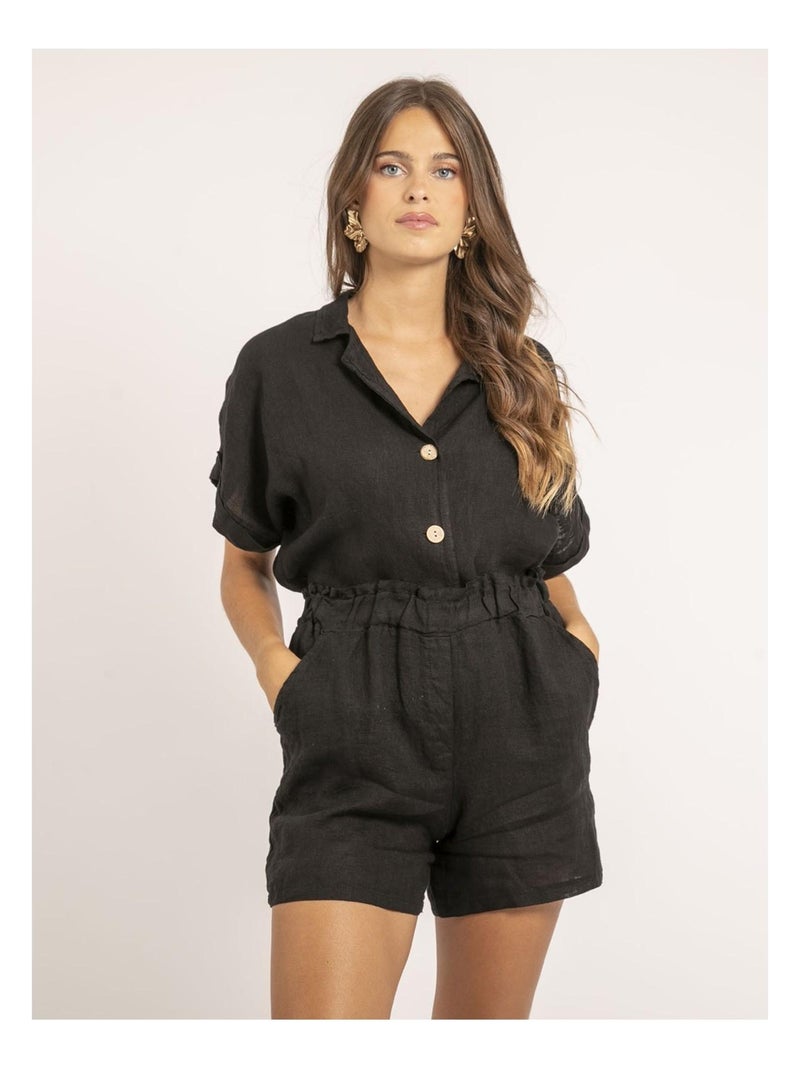 Chemise manches courtes lin OTTILIA Noir - Kiabi