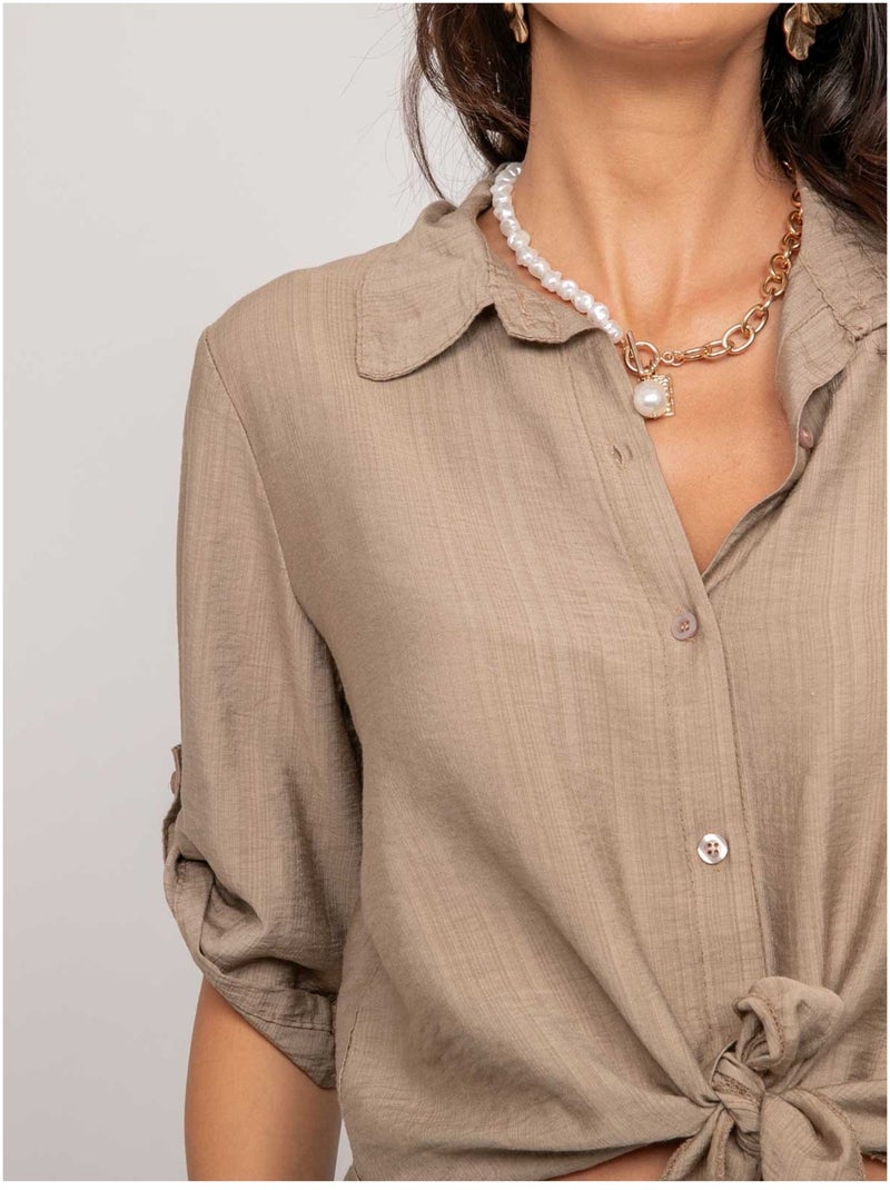 Chemise manches courtes nouée OVELIE Beige - Kiabi
