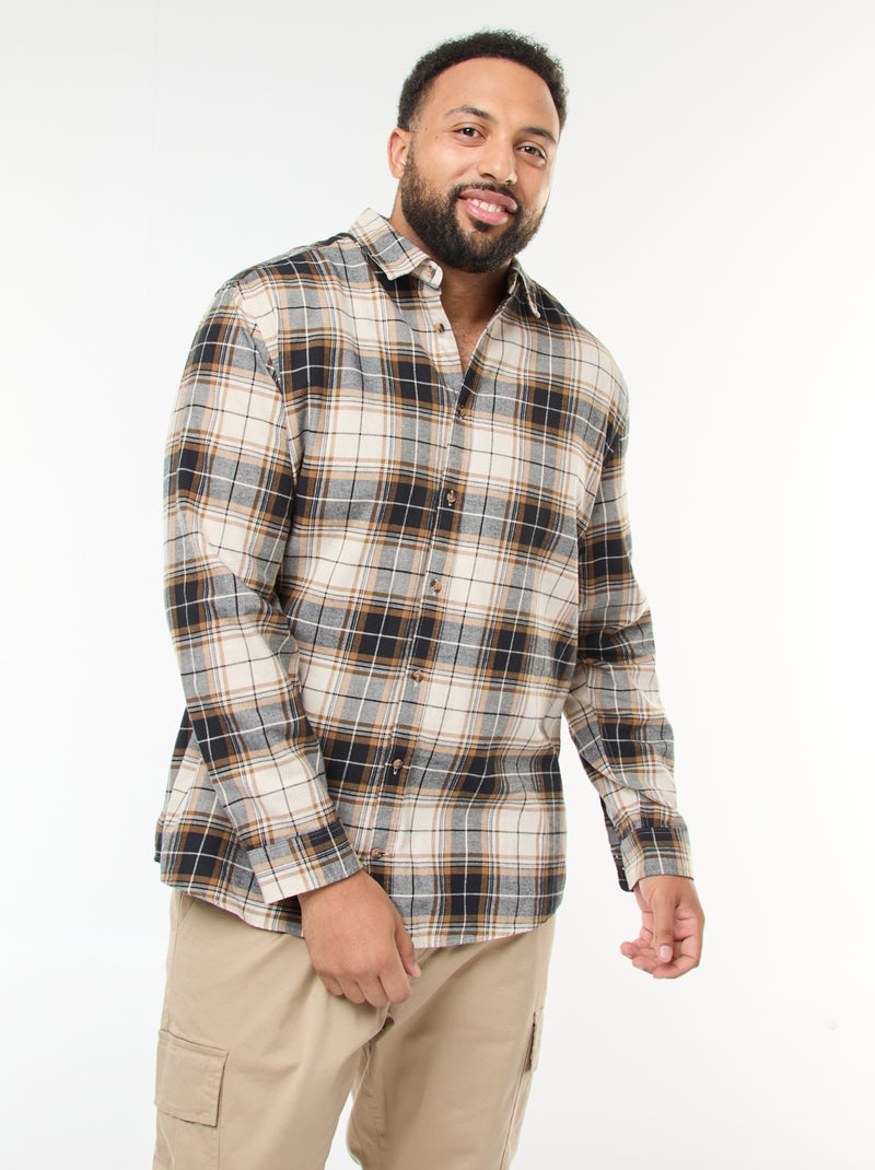 Chemise manches longues à motif à carreaux Beige - Kiabi