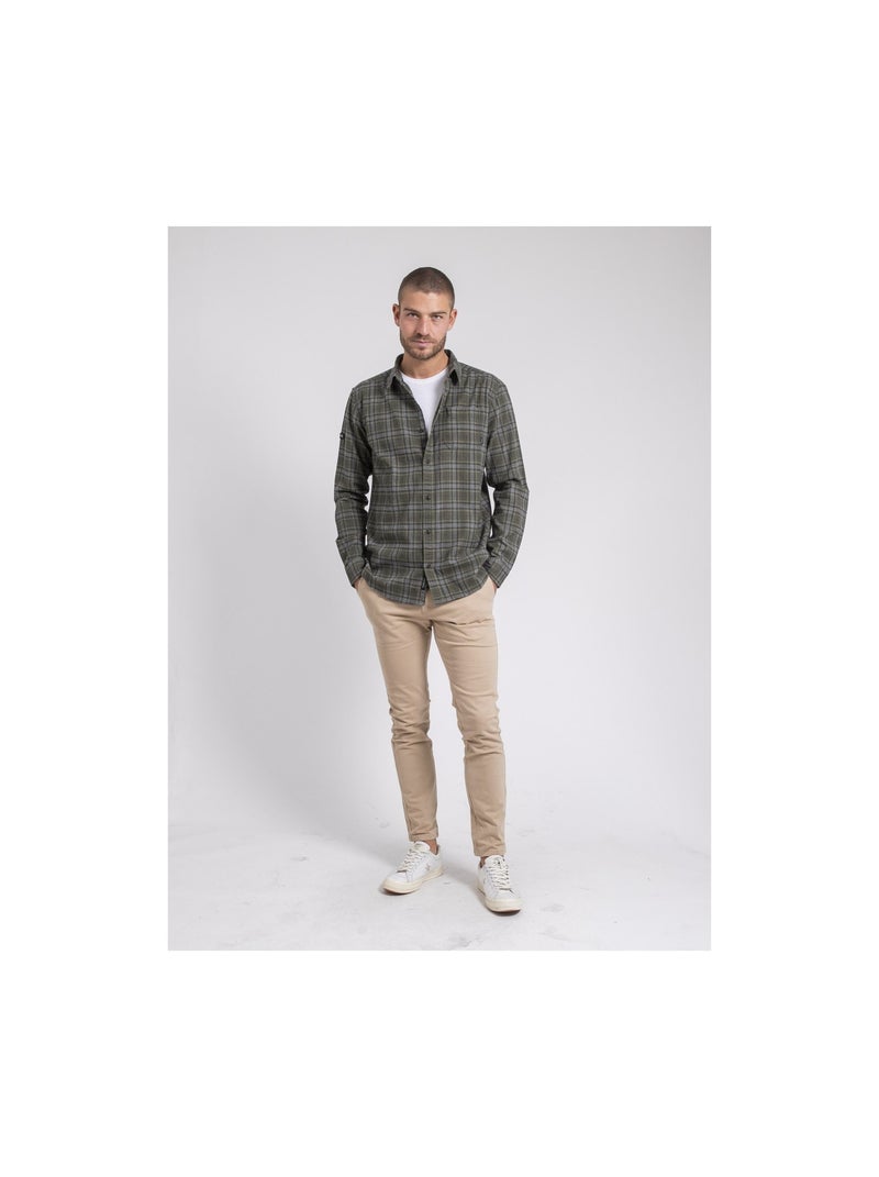 Chemise manches longues carreaux pur coton flanelle TADUMIR Kaki - Kiabi