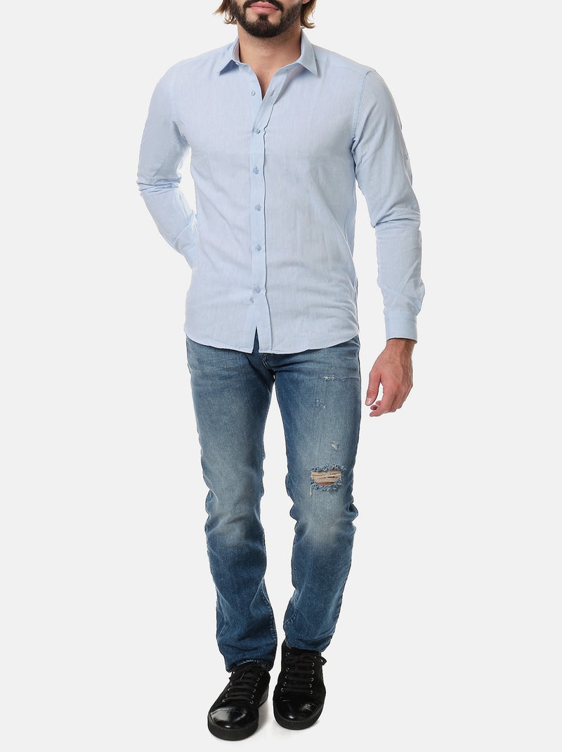 Chemise manches longues en lin Bleu - Kiabi