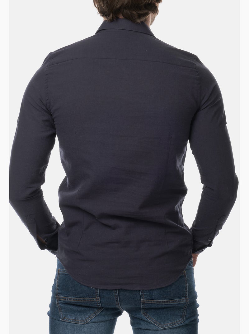 Chemise manches longues en lin Bleu foncé - Kiabi