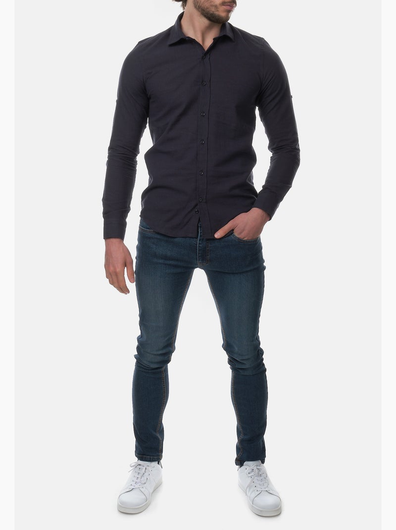 Chemise manches longues en lin Bleu foncé - Kiabi